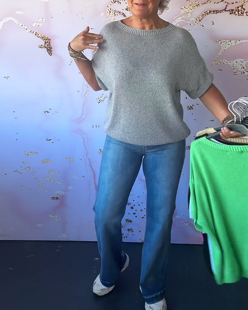 Casual loose solid color round neck pullover