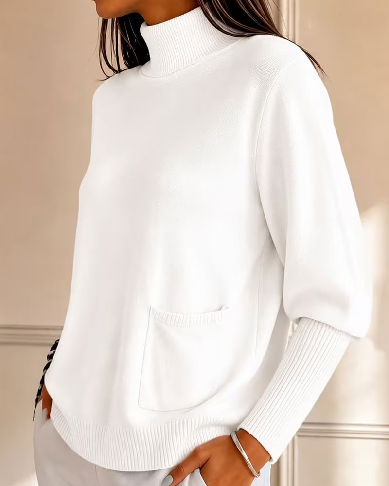 Turtleneck Pocket Solid Pullover