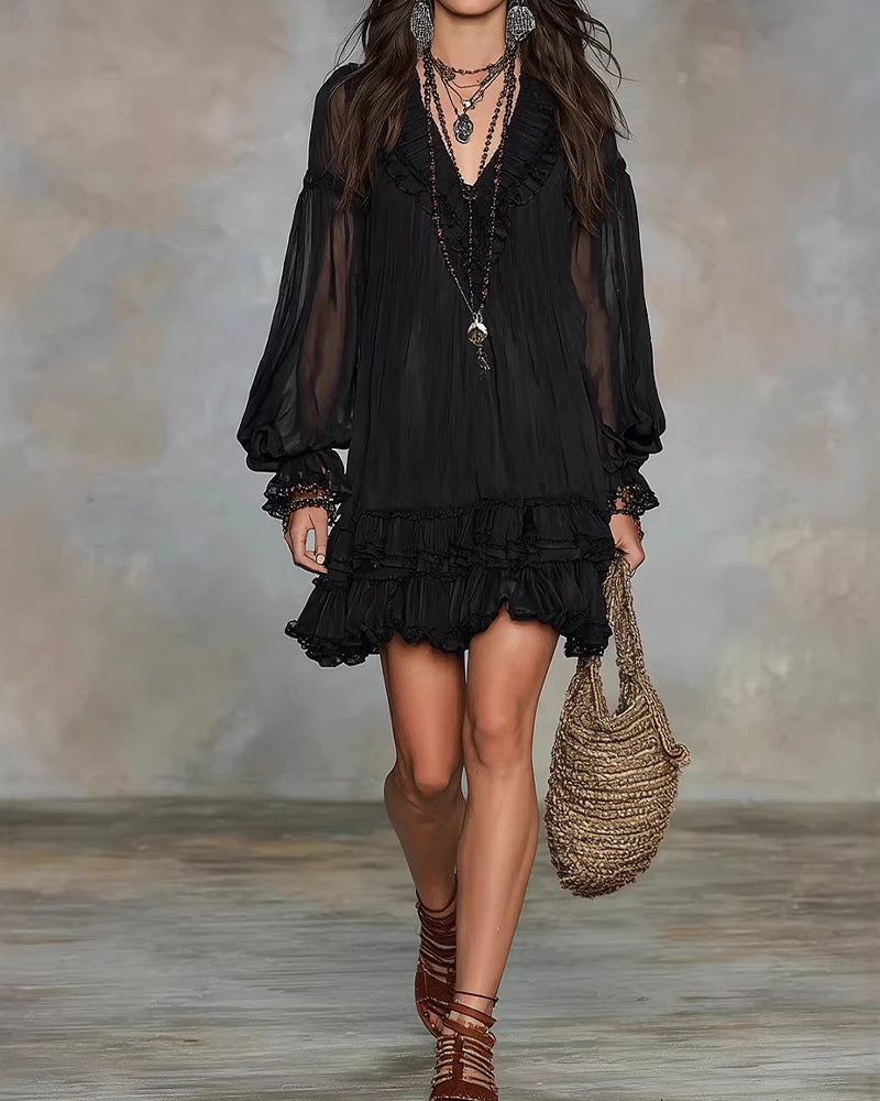 V-Neck Long Sleeve Ruffle Dress