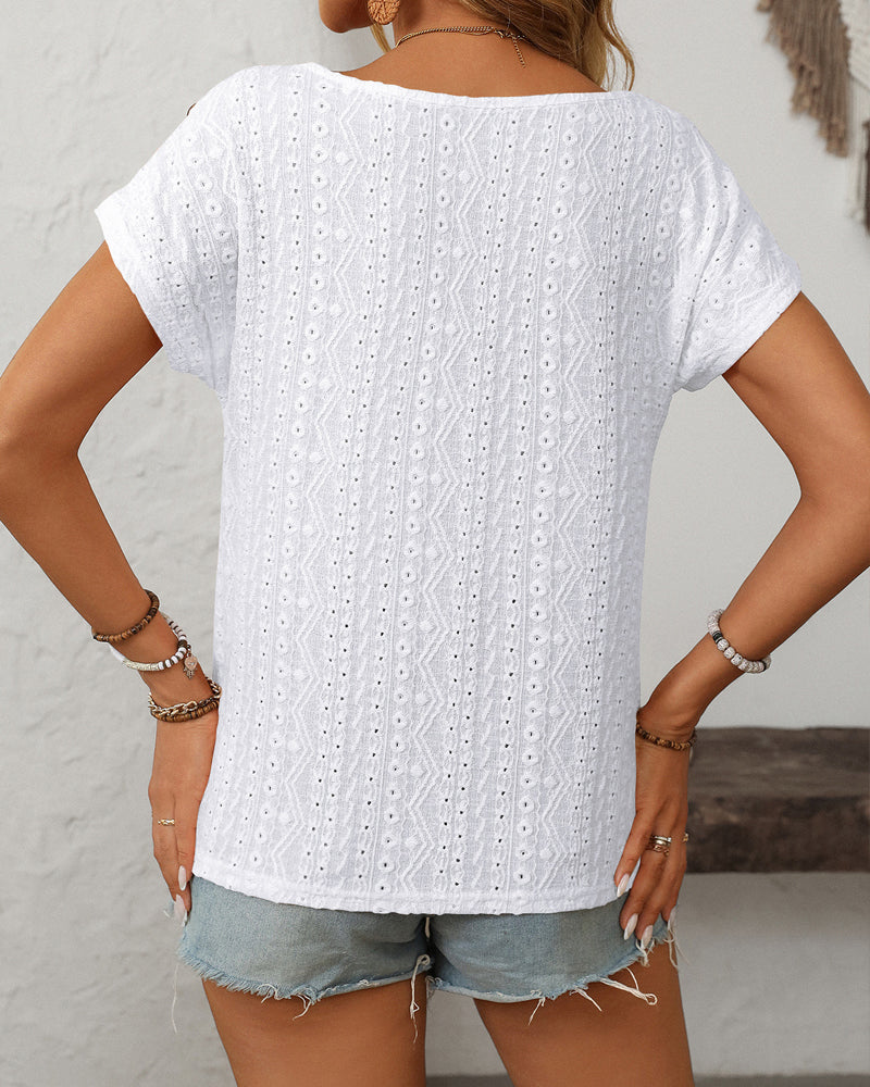 Round Neck Button Cutout Short Sleeve Blouse
