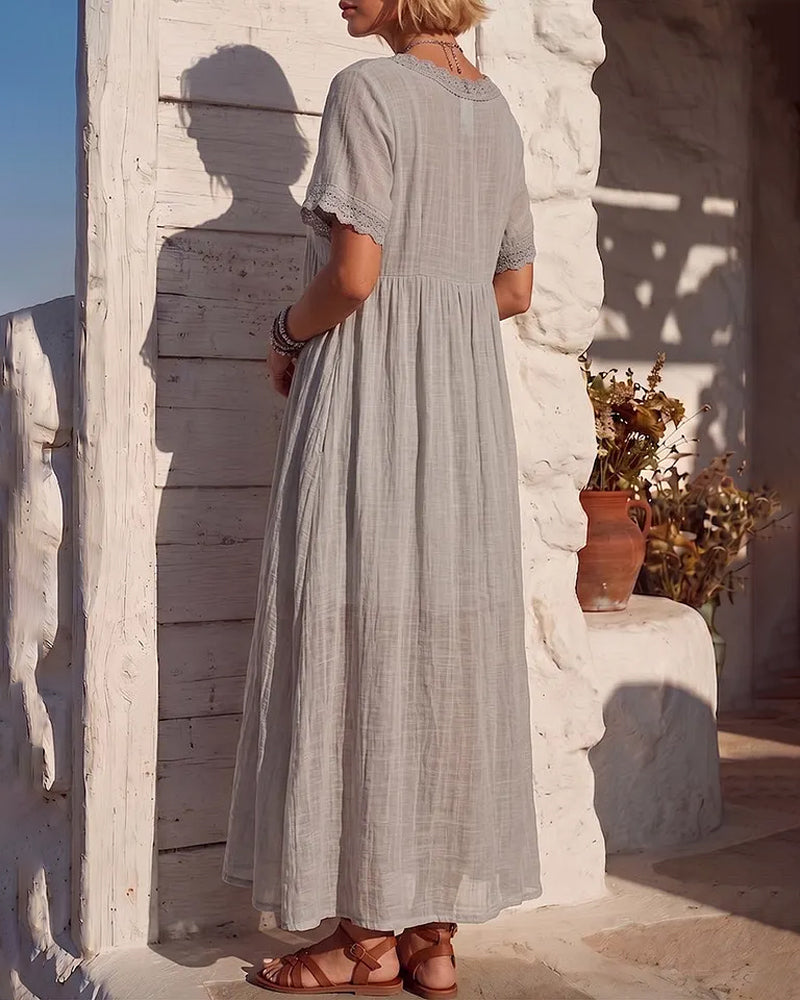 V-Neck Ruched Lace Patchwork Dress