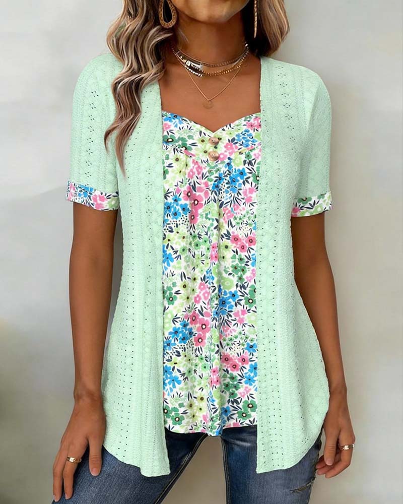 Faux Two-Piece Print Hollow Blouse
