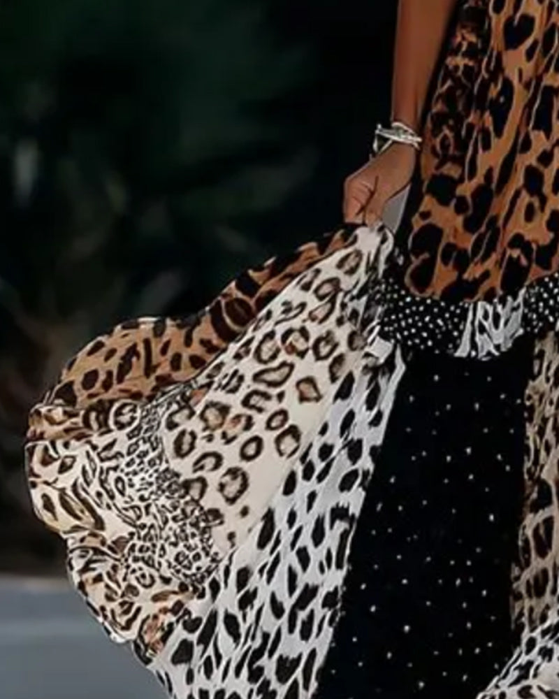 V-Neck Leopard Polka Dot Ruffle Dress