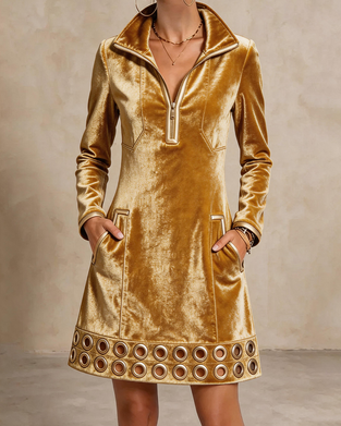 Lapel Zipper Pocket Metal Ring Dress