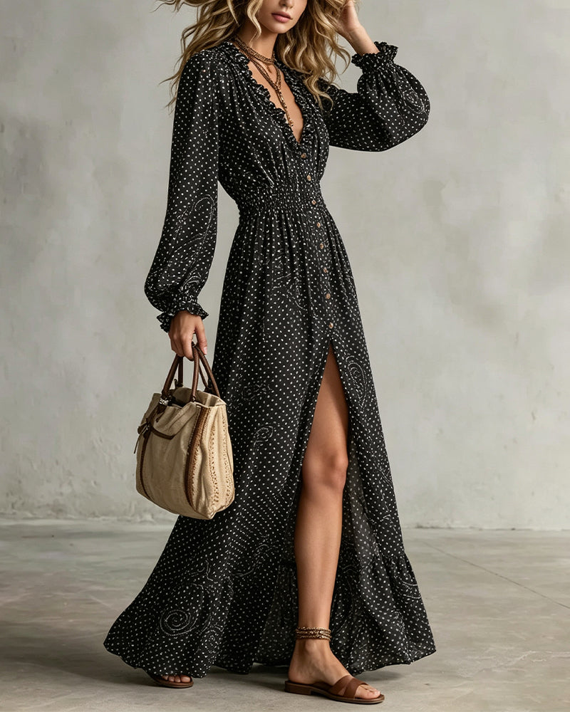 Lantern Sleeve V-Neck Polka Dot Slit Dress