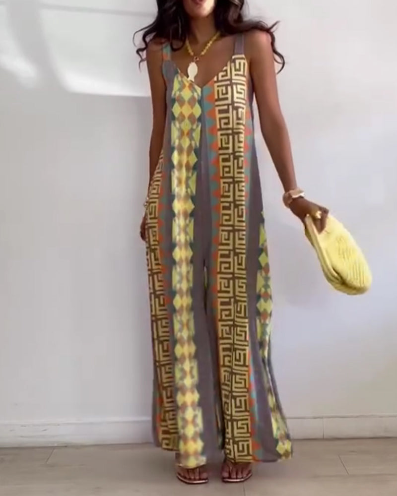 Geometric Print Spaghetti Strap Wide Leg Jumpsuit