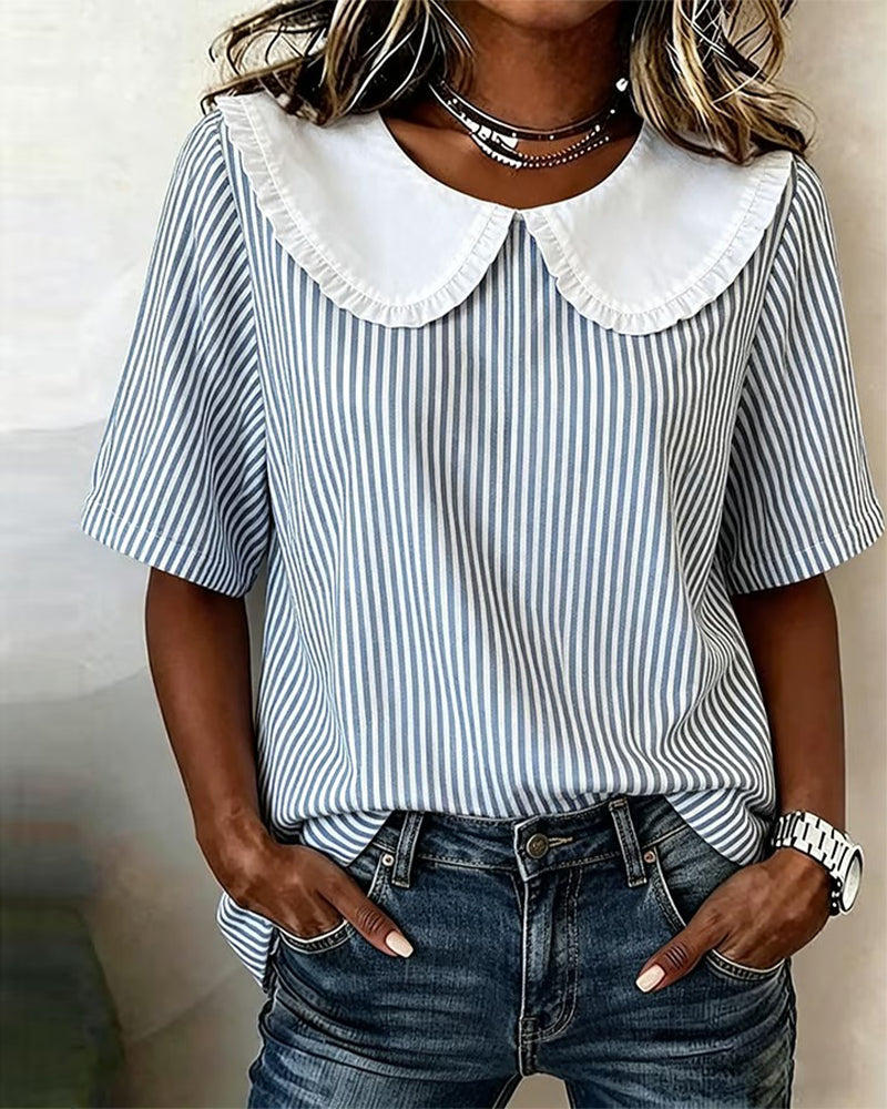 Striped Peter Pan Collar Short Sleeve Blouse