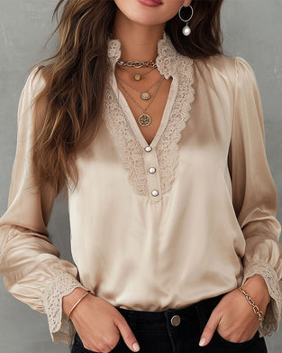 Solid Color Patchwork V-Neck Elegant Blouse