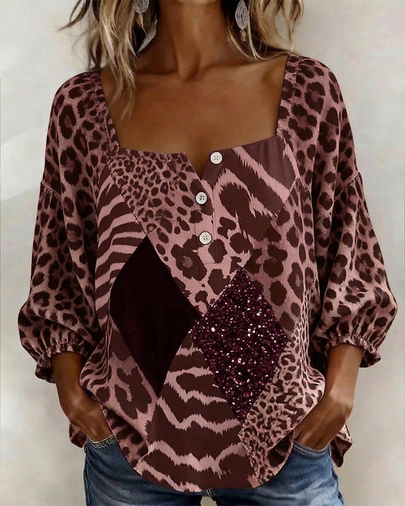 Square Neck Leopard Print Patchwork Sequin Blouse