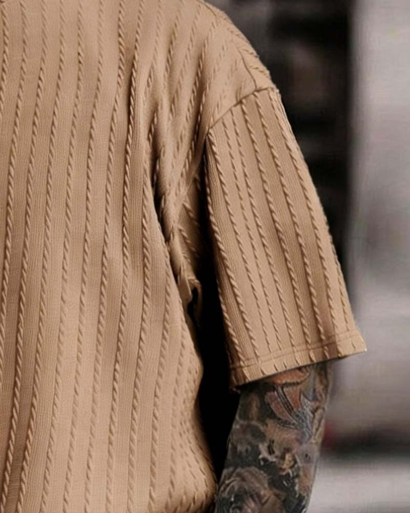 Men's Crew Neck Striped T-Shirt and Shorts Two-Piece Set