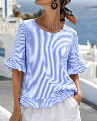 Striped Ruffled Mid-Sleeve Blouse