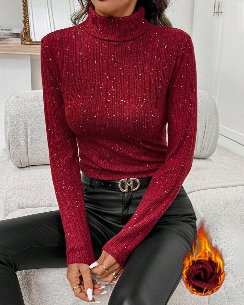 Shimmering Fleece-Lined Turtleneck Top