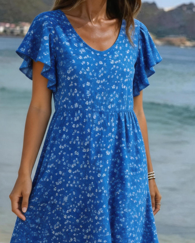 U-Neck Waist Print Flutter Sleeve Dress