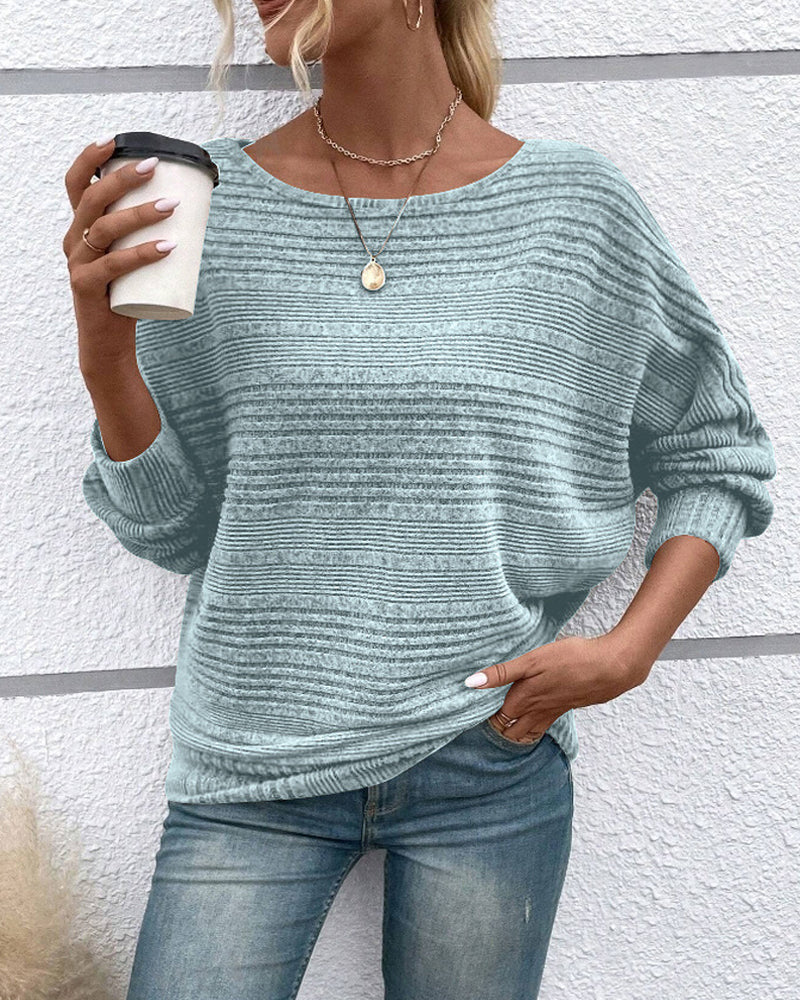 Solid Color Round Neck Long Sleeve Striped Top