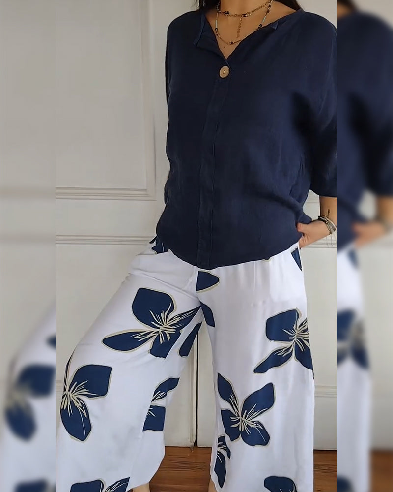 Crew Neck Casual Printed Trousers Set