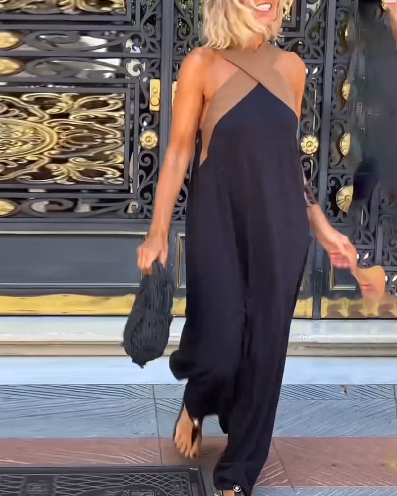 Aumora Cross Backless Contrast Color Elegant Dress