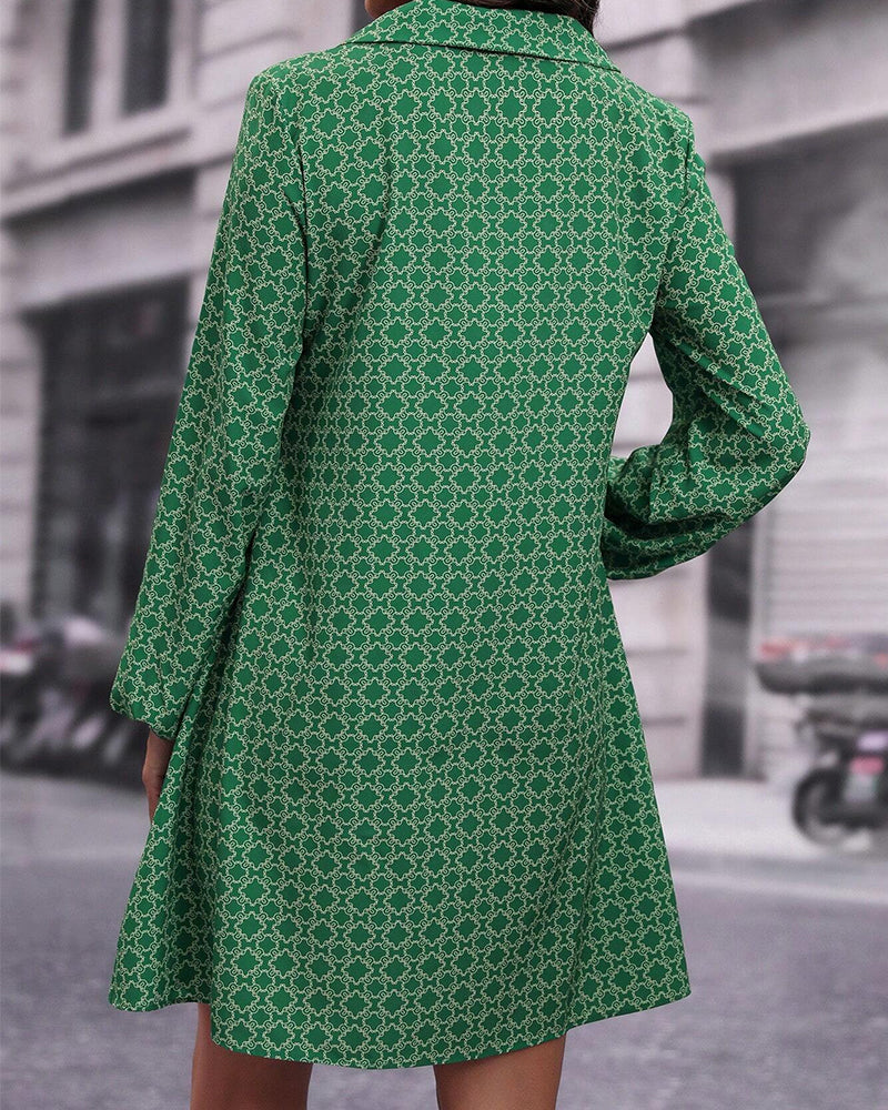 Lapel Long Sleeve Printed Dress