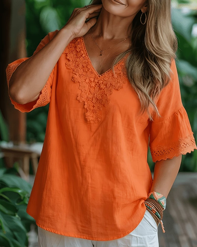 Lace Hollow Out V-Neck Blouse