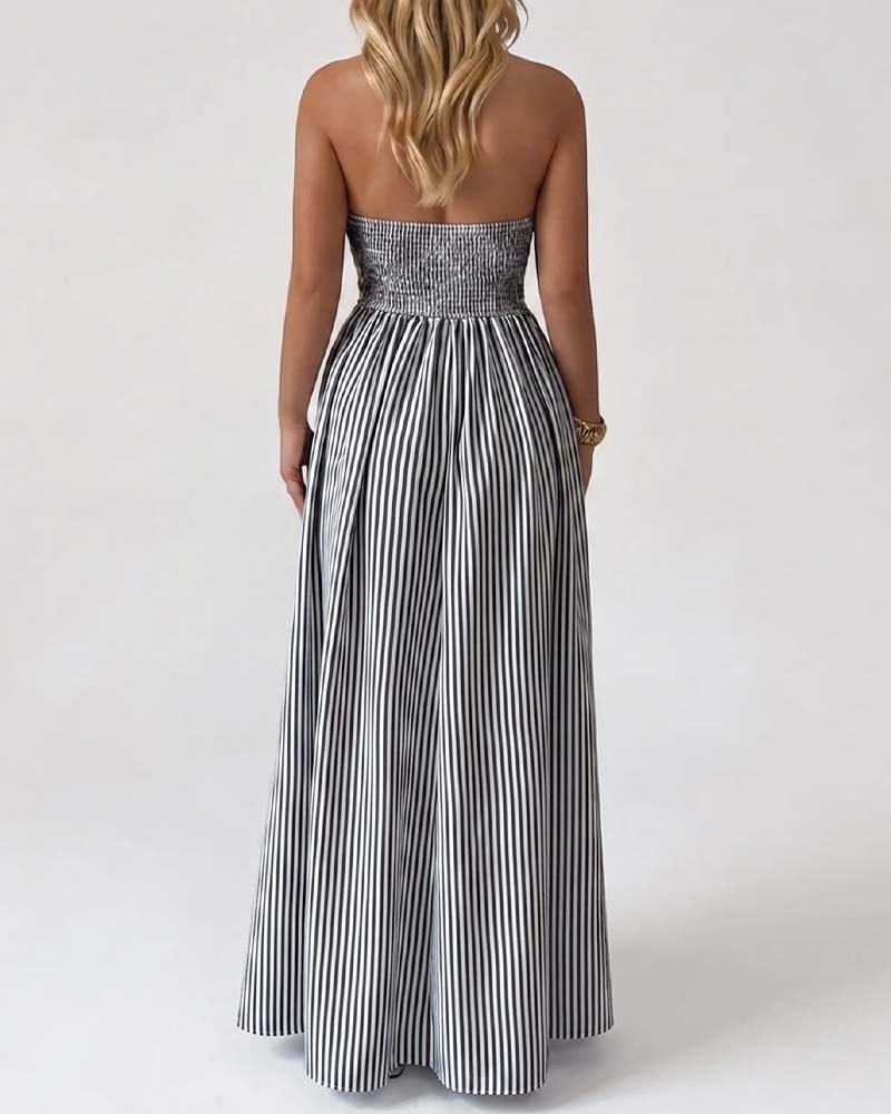 Deep V-Neck Spaghetti Strap Stripe Long Dresses