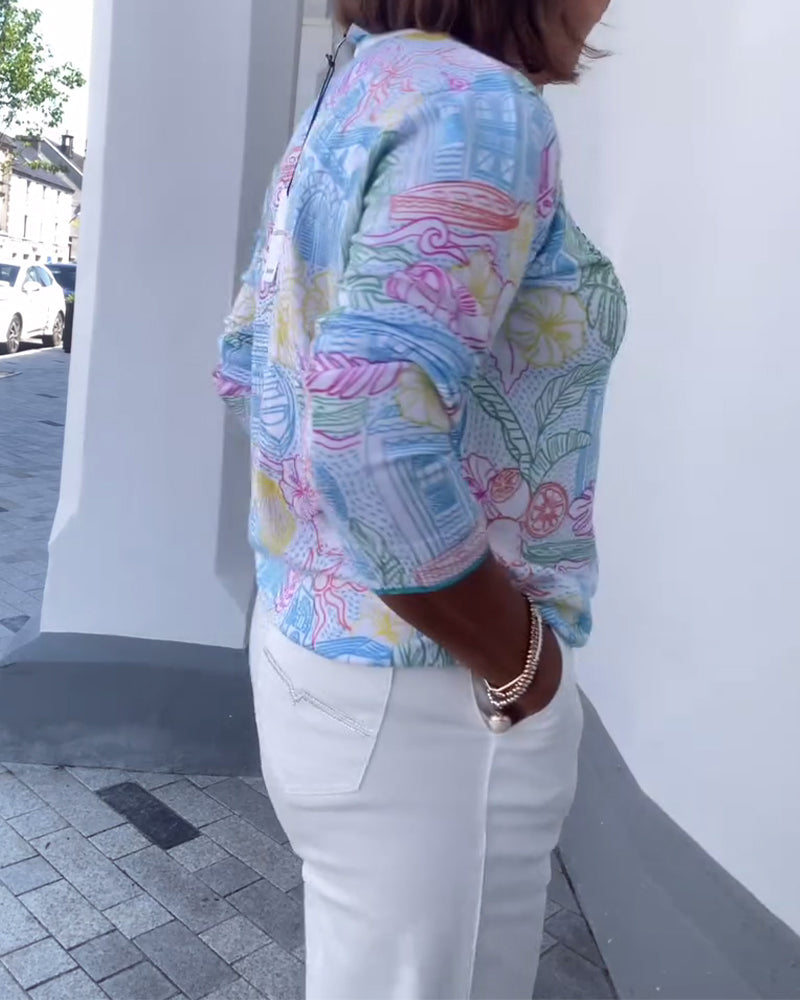 V-Neck Printed Fashion Sweater