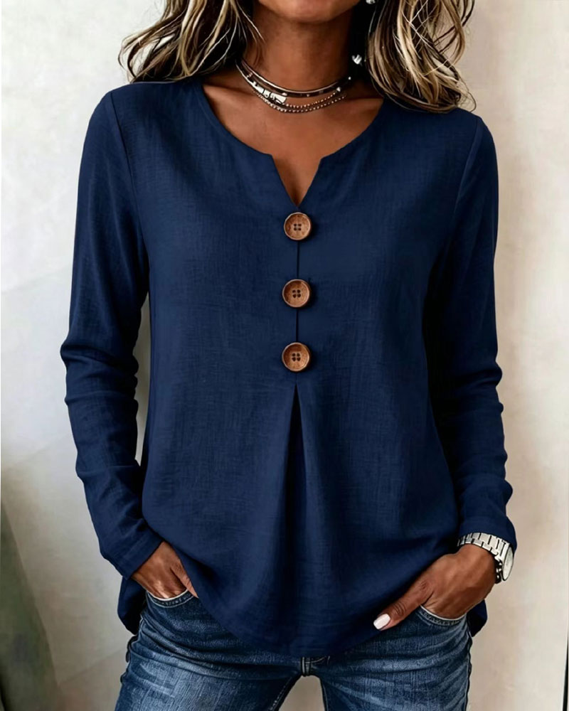 Solid Color V-Neck Buttoned Smocked Top