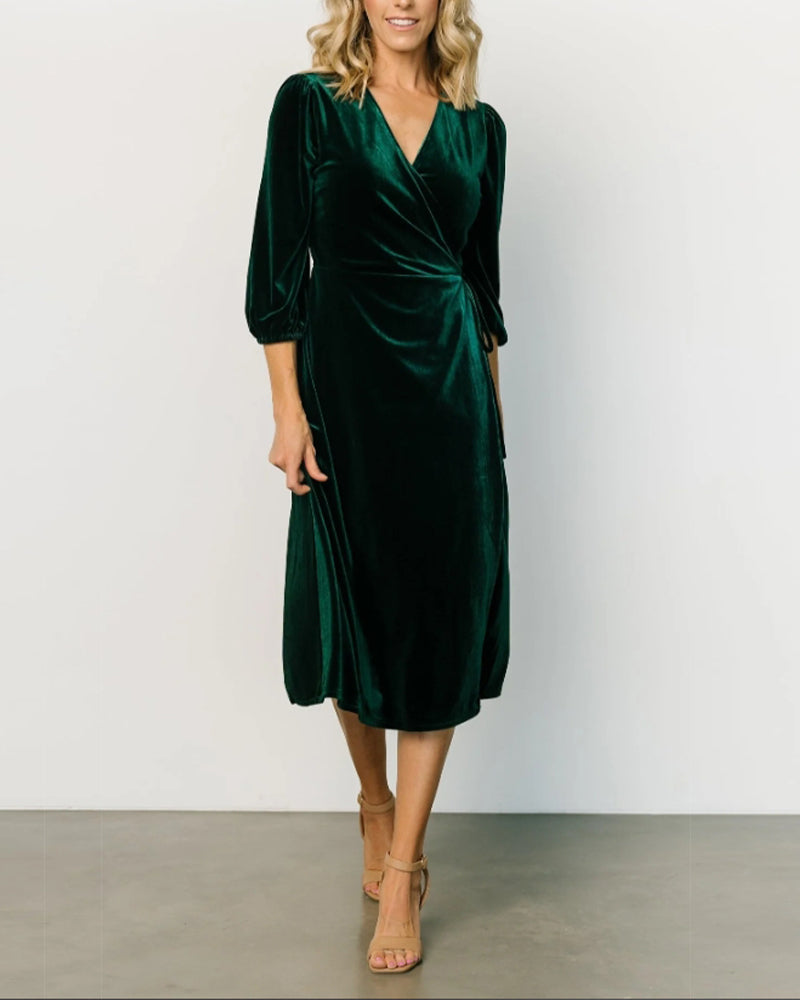 Elegant solid color V-neck lace-up three-quarter sleeve dress