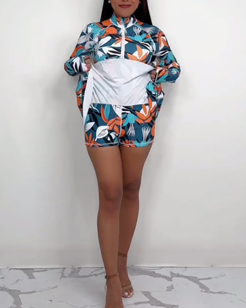 Half-Zip Long-Sleeved Printed One-Piece Swimsuit