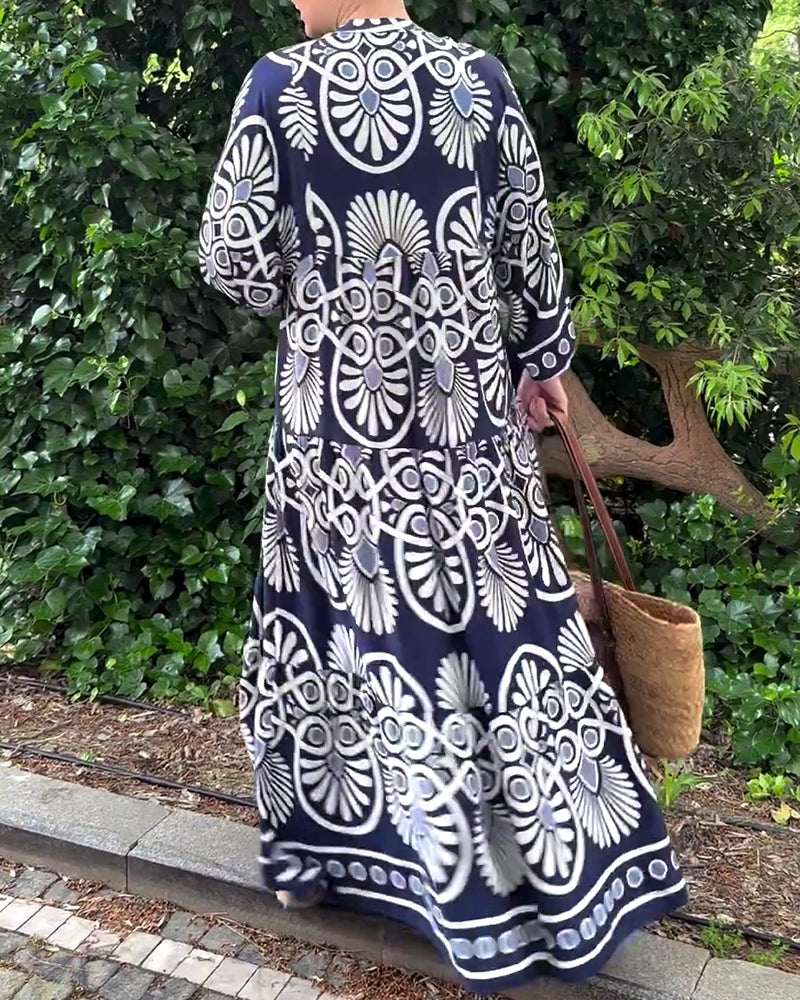 Retro print casual long sleeve dress