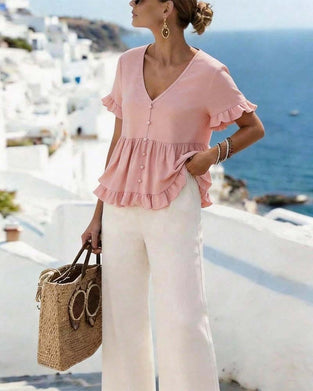 V-Neck Ruffle Pearl Button Blouse