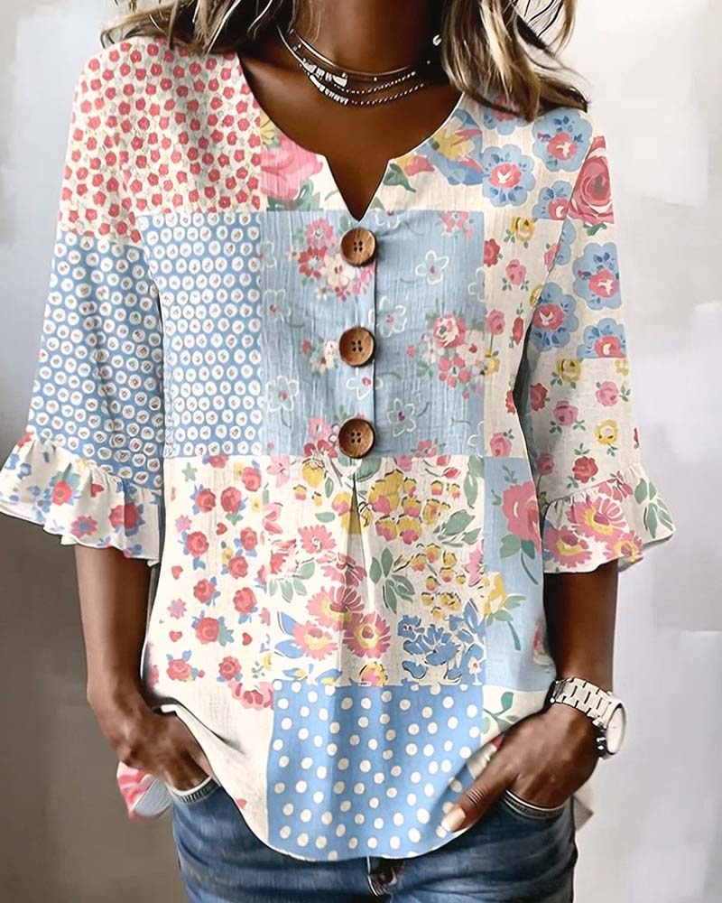 Short-Sleeve Floral Print Patchwork Blouse