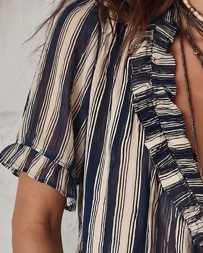 Striped V-Neck Ruffle Collar Blouse