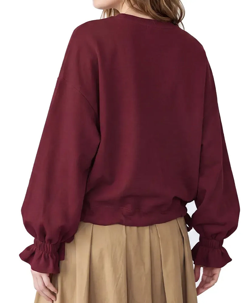Crew-Neck Ruffle Tie Elastic Sweatshirt