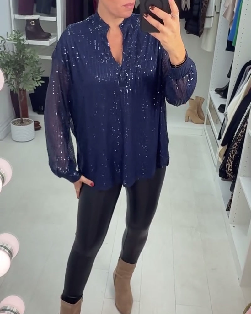 V-Neck Sequined Workwear Blouse