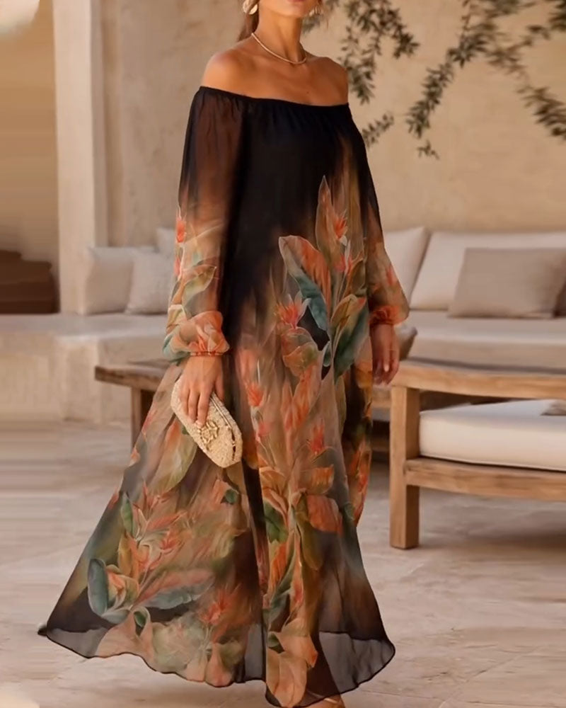 Off-Shoulder Floral Gradient Dress