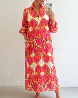 Elegant V-Neck Long-Sleeved Floral Dress