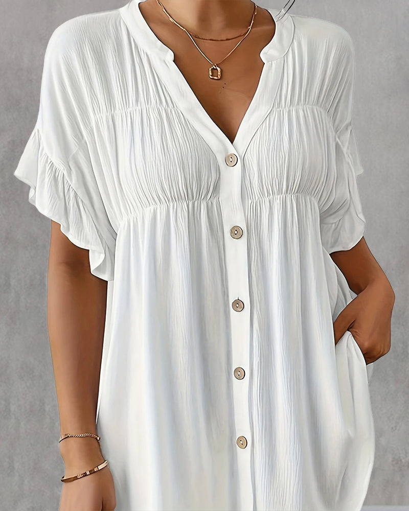 Casual Pleated Solid Color Blouse