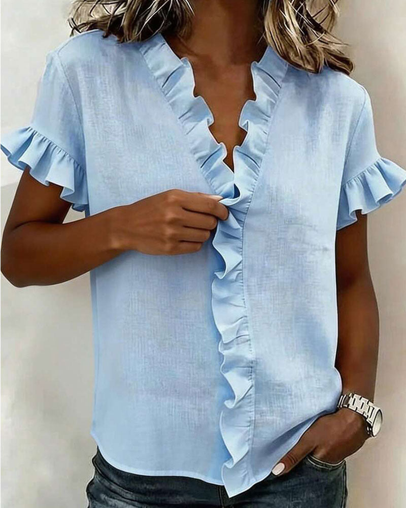Age-Reducing Ruffled V-Neck Blouse