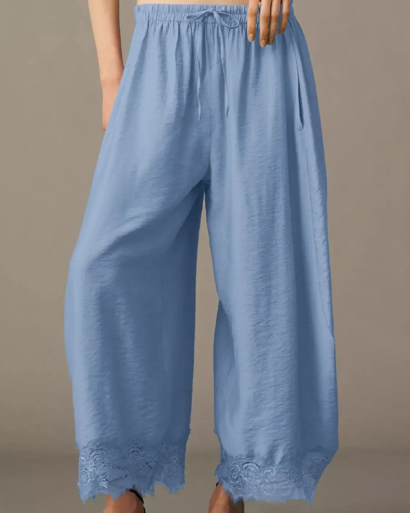 Elastic Waist Lace-Panel Casual Pants