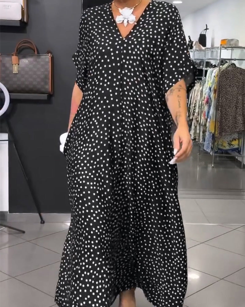 V-Neck Polka Dot Loose Flared Dress