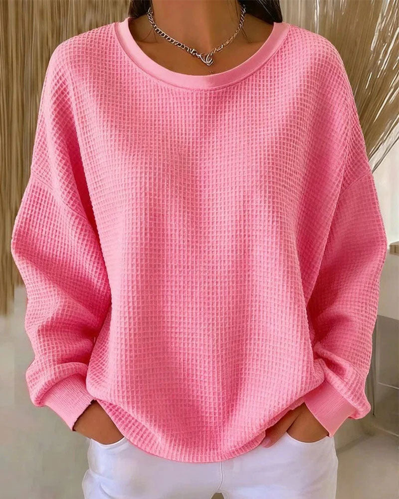 Solid Color Waffle Texture Pullover Sweatshirt