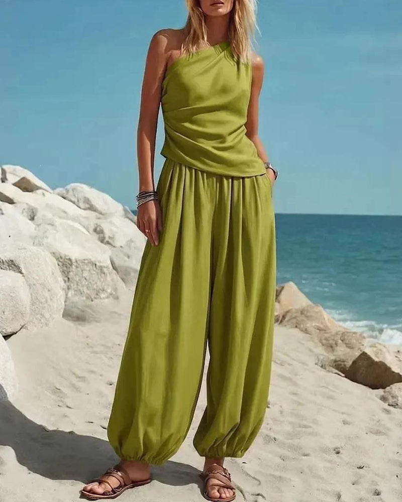 One-Shoulder Tank Top High Waist Pants Set