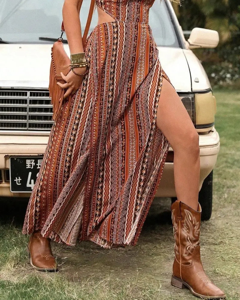 Ethnic Print Hollow Out Slit Strappy Long Dress