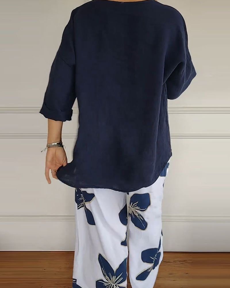 Crew Neck Casual Printed Trousers Set