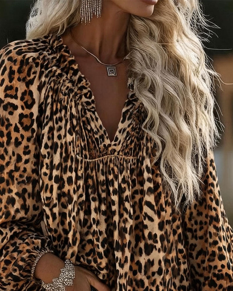 V-Neck Leopard Print Ruffled Puff Sleeve Blouse