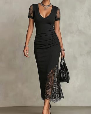 V-Neck Lace Patchwork Waist Dress