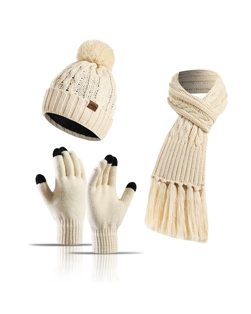 Hat Knitted Wool Three-Piece Set