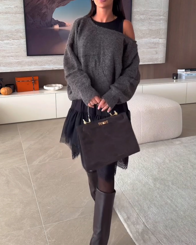 Off-Shoulder Loose Sweater & Lace Hem Dress