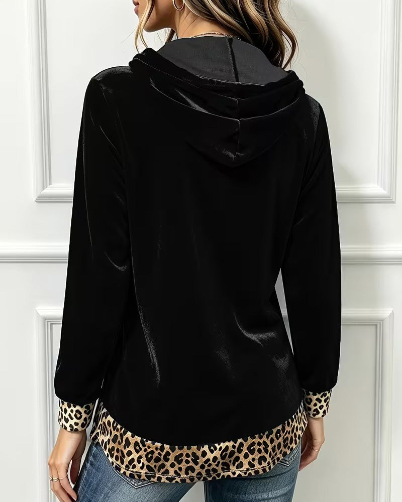 Leopard Print Paneled Half-Zip Hooded Sweatshirt