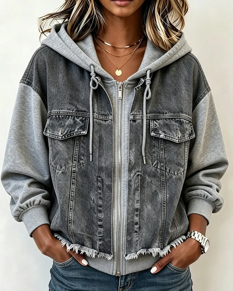 Denim Patchwork Hooded Sweatshirt Coat