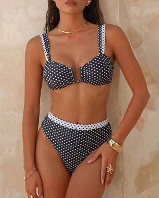 Polka-Dot High-Waist Metal Buckle Split Bikini